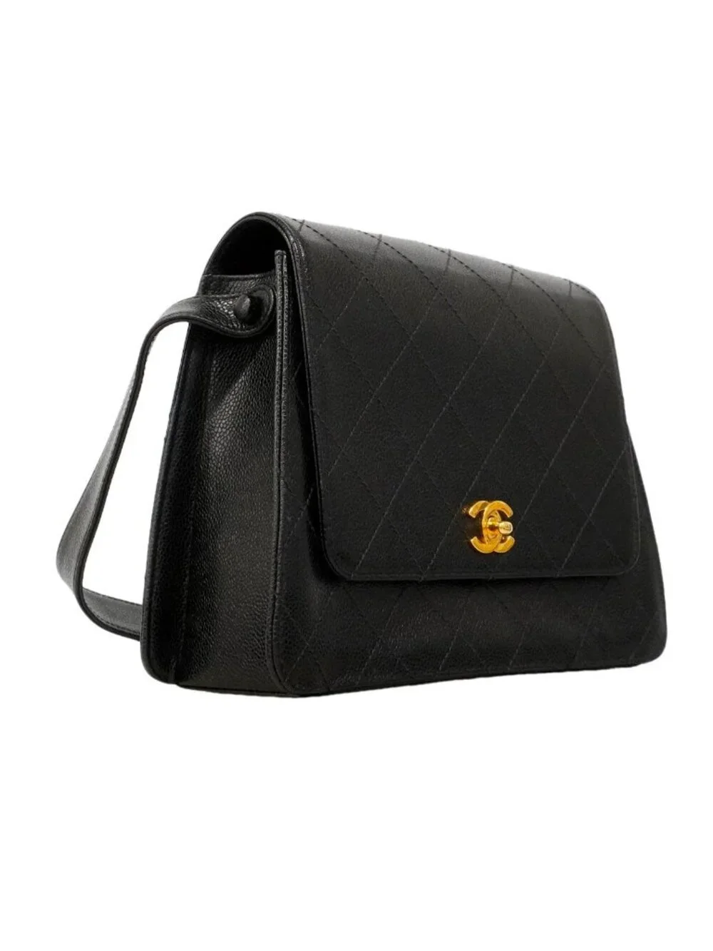 Chanel Shoulder Bag Quilted Caviar Leather Black Gold